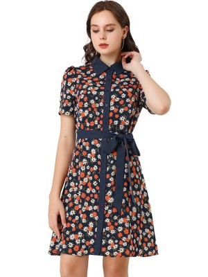 INSPIRE CHIC Women's Short Sleeve Contrast Collar Belted Floral Shirt Dress
