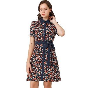 INSPIRE CHIC Women's Short Sleeve Contrast Collar Belted Floral Shirt Dress - 1 of 4