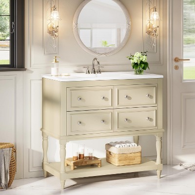 Tribesigns Bathroom Vanity with Ceramic Sink, Freestanding Storage Cabinet with Soft-Close System, Beige