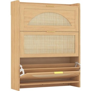 3 Flip Drawers Wood Shoe Storage Cabinet, Shoe Cabinet Freestanding with Rattan Doors & Adjustable Shelves for Entryway, Closet, Hallway - 1 of 4