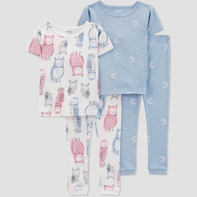Image of Carter's Just One You® Toddler Girls' 4pc Short Sleeve Owls Pajama Set - White/Blue 12M