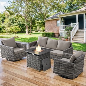 Buenhomino Patio Furniture with Fire Pit 4-Piece Wicker Outdoor Sectional Couch with Swivel Rocking Chairs, Propane Fire Pit Conversation Set - 1 of 4