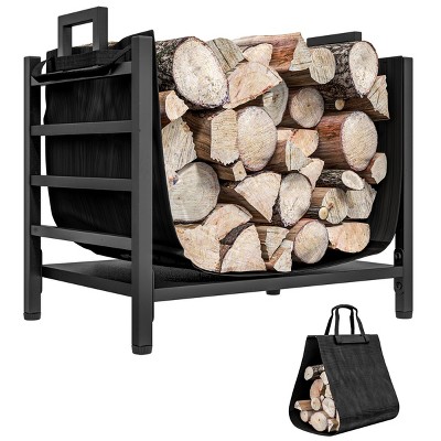 Syemin Firewood Racks and Carriers with Removable Log Carrier Heavy Duty Log Rack with Handles Wood Storage Holder, Black, 19.3"*13.4"*17.3"