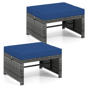 Costway Patio Ottomans Set of 2 PE Rattan Footstools with Removable Cushions & Metal Frame Red/Gray/Black/White/Turquoise/Navy - 1 of 4