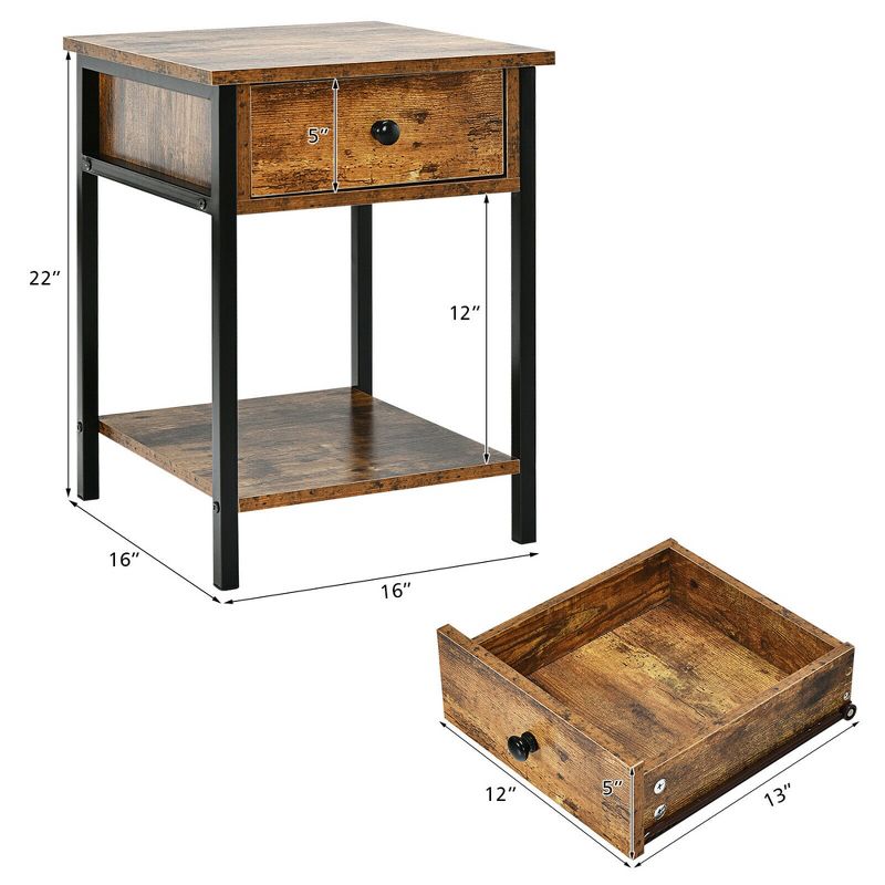 Costway 2PCS Industrial End Side Table Nightstand with Drawer Shelf Rustic Brown, 5 of 11