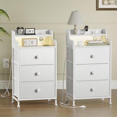 WOWLIVE Nightstand With 3 Drawers & 2-Tier Open Shelf, Bedside Table With LED& 2 USB Ports, Stable Metal Frame