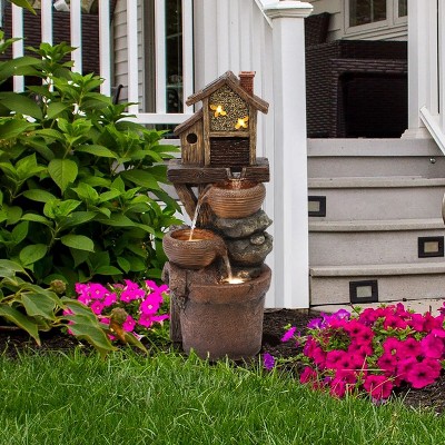 Rustic Brown Resin Birdhouse Outdoor Fountain with LED Lights