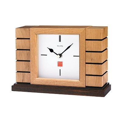 Bulova Clocks B1659 Usonian II Mantel Clock with Protective Glass Lens and Engraving Plate, Natural Finish with Walnut Stain Base