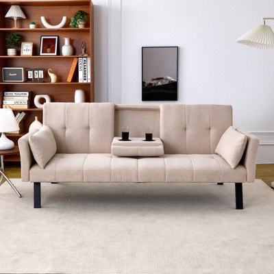 SKRAN 70" Convertible Multi-Functional Cotton And Linen Sofa Bed, Folding Futon Couch, With Cup Holders, Side Storage For Living Room