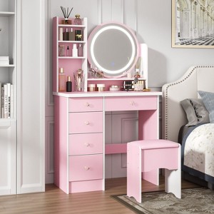 Hitow Makeup Table Set Vanity Table with Stool and Round Mirror Ring LED Strip Lights - 1 of 4