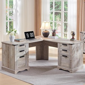 SinCiDo Farmhouse 60" L Shaped Corner Desk, Wooden Executive Office Desk w/ Charging Station, File Drawer & Storage Cabinet - 1 of 4