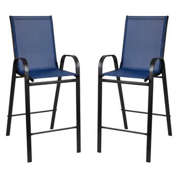 Merrick Lane Set of 2 Manado Series Metal Bar Height Patio Chairs with Navy Flex Comfort Material