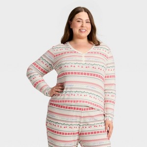 Women's "Let it Snow" Fair Isle Cozy Knit Long Sleeve Henley Holiday Matching Family Pajama Shirt - Wondershop™ Cream - 1 of 4