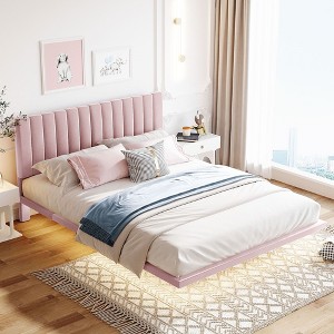 CAVINAS Queen Size Bed with Headboard and Sensor Light, Upholstered Platform, Floating Velvet Platform, Pink - 1 of 4