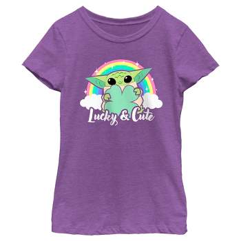 Girl's Star Wars: The Mandalorian Grogu St. Patrick's Day Rainbow Lucky and Cute T-Shirt