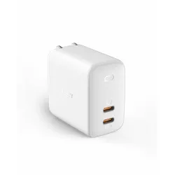 AUKEY 65W USB-C Wall Charger 2-Port Dynamic Detect GaN Ultra Fast Charging PD QC 3.0 Wall Plug-In PA-B4 - White
