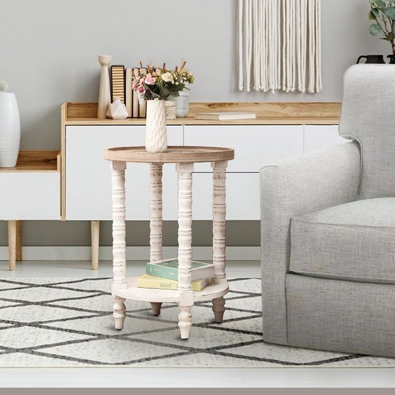 LuxenHome White and Natural Wood Round Accent Side Table with Storage. Off-White, 3 of 11