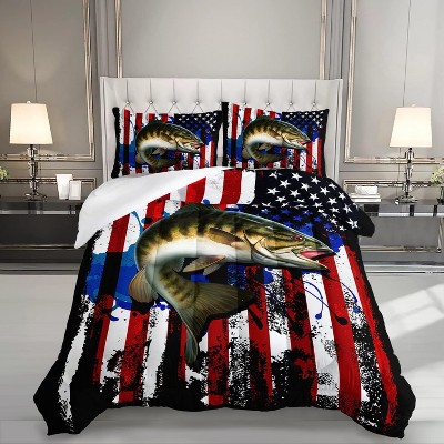 Boersma Big Pike Fishing Comforter Set,Bass Fish American Flag Pattern Hunting and Fishing Bed Set Queen Size for Boys Room Decor
