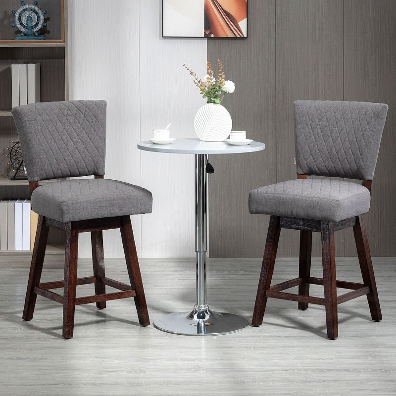 HOMCOM Swivel Bar Stools Set of 2, Counter Height Barstools with Back, Rubber Wood Legs and Footrests, for Kitchen Dining Room Pub, 2 of 7