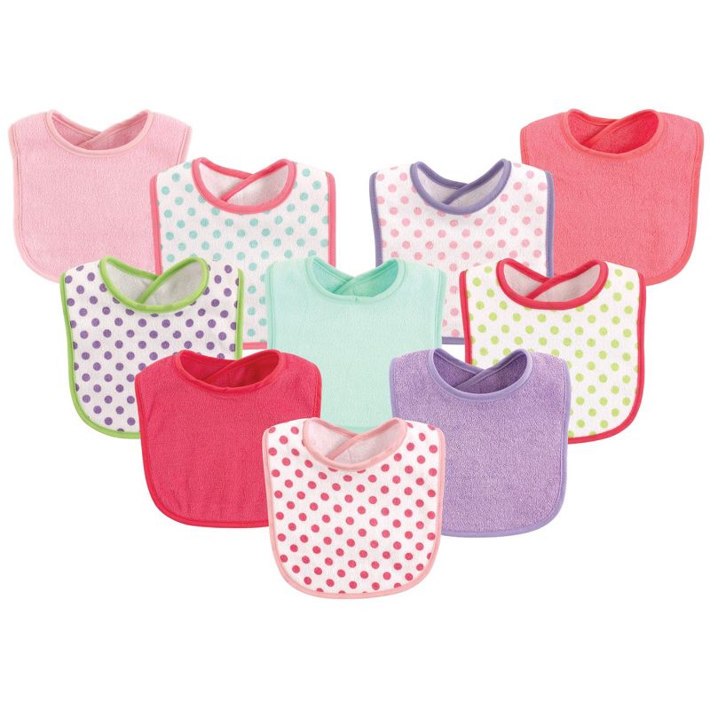 Luvable Friends Baby Girl Cotton Terry Bibs 10pk, Girl Dot, One Size, 1 of 3