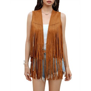 Womens Fringe Vest 70s Hippie Costume Sleeveless Cowgirl Western Faux Suede Tassel Leather Outerwear - 1 of 3