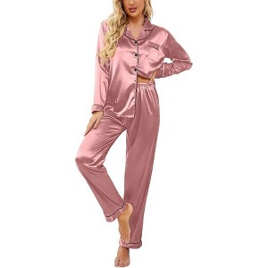 Ekouaer Women's Classic Button Down Long Satin Silk Pajama Set - 1 of 4