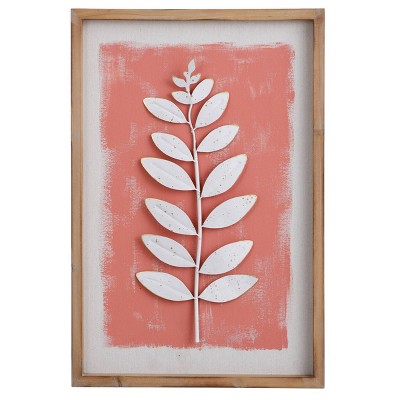 Mei Sprig II Iron Leaf on Coral Painted Background Unframed Wall Canvas Ivory/White - StyleCraft