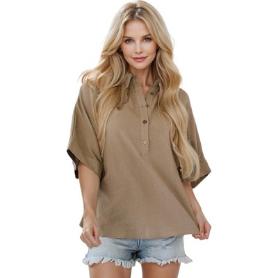 Amaryllis Women's Short Sleeve Collared Button Front Top Loose Fit Casual Style