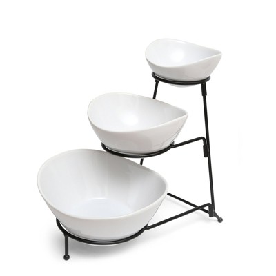 White Ceramic 3-Tier Oval Bowl Set with Metal Stand
