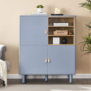 Dresser Closet, Storage Cabinet With Leather Handles, 3 Doors, Solid Wood Round Legs, Open Shelves