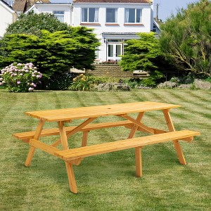GDFStudio Cronin Outdoor 75" Wooden Rectangle Picnic Table with Built-in Benches and Umbrella Hole - 1 of 4