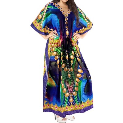 HAPPY BAY Women's House Daily Routine Evening Wear Maxi Dresses Caftan Loungewear Print Casual Long Cover up Caftans for Women One Size Multi,Peacock