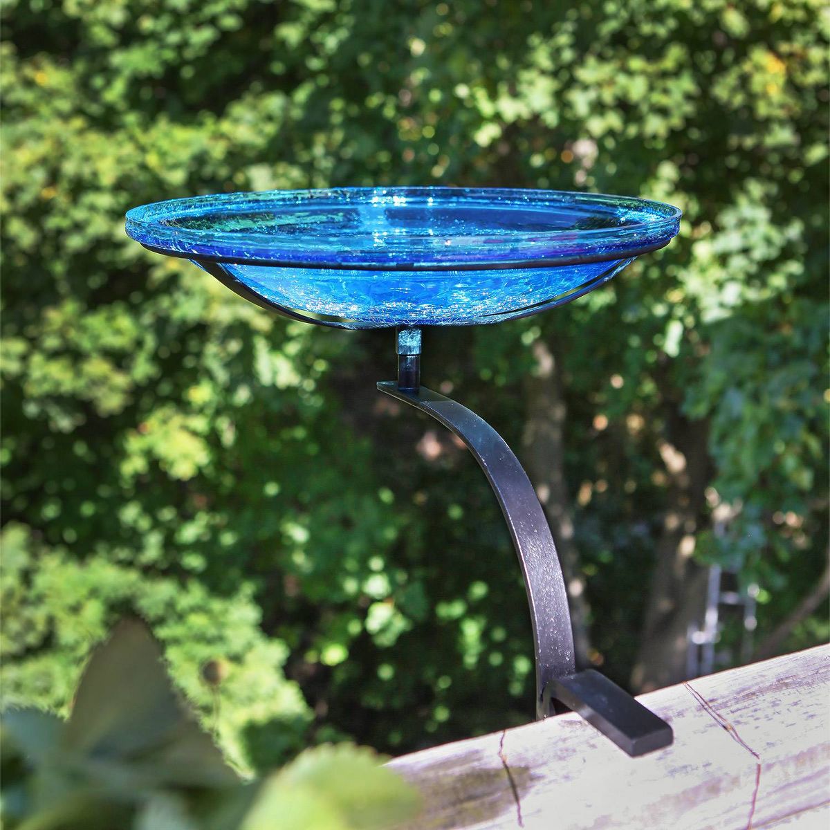 13.7" Reflective Crackle Glass Birdbath Bowl with Rail Mount Bracket Teal Blue - Achla Designs: Weather-Resistant, No Assembly Required - thumbnail 2