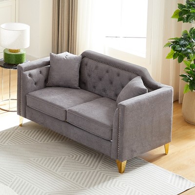 81'' Chenille Mid-Century Sofa with Pull Buckle Design, Button Tufted Armrest and Copper Nail Decoration