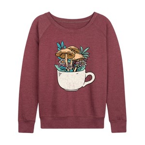 Women's - Instant Message - Coffee Cup Flowers Lightweight French Terry Wide Neck Long Sleeve Graphic Shirt - 1 of 4