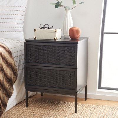 Zadie Black 2-Drawer Rattan Nightstand with Iron Legs