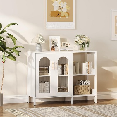 39.4" Modern Sideboard Buffet Cabinet with Wavy Glass Doors, Adjustable Shelves & Open Shelf, Accent Storage for Dining Room or Entryway