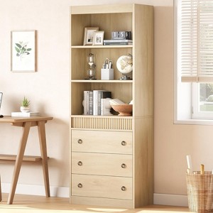 Clearance, Bookshelf with Drawers, Fluted 6-Tier Bookcase & Storage Cabinet, Open Shelf, Modern Waved Design for Living Room/Office - 1 of 4