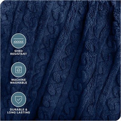 Dark Blue Full/Queen Faux Shearling Cable Knit Sherpa Blanket