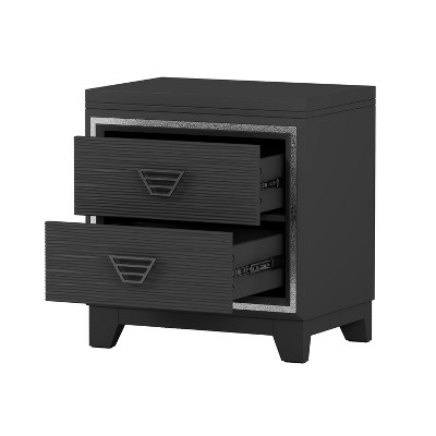 Vynxaria Elegant Nightstand - Black Bedside Table with Metal Handle and 2 Drawers, Sparkling Decoration for Bedroom and Living Room