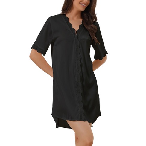 Cheibear Womens Satin Pajama Dress Button Down Silky Short Sleeves