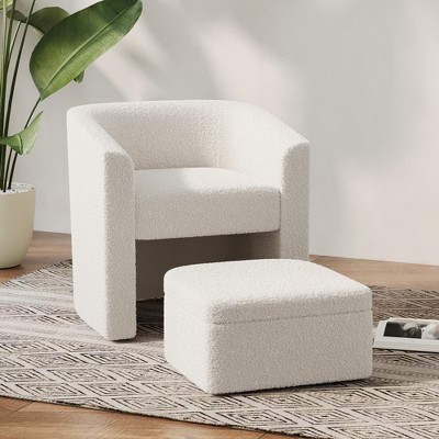 Accent chair white sofa chair one set, modern living room side chair, single sofa chair, footstool with storage, cream white