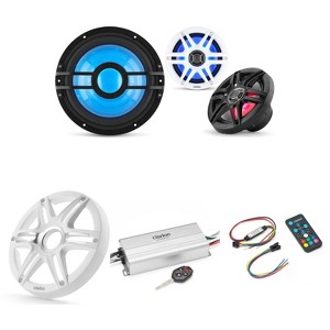 Clarion Marine 4 Channel Amp & 6.5" w/ 10" White Grill Boat Audio Upgrade Bundle  ( Includes LED Remote ) - 1 of 4