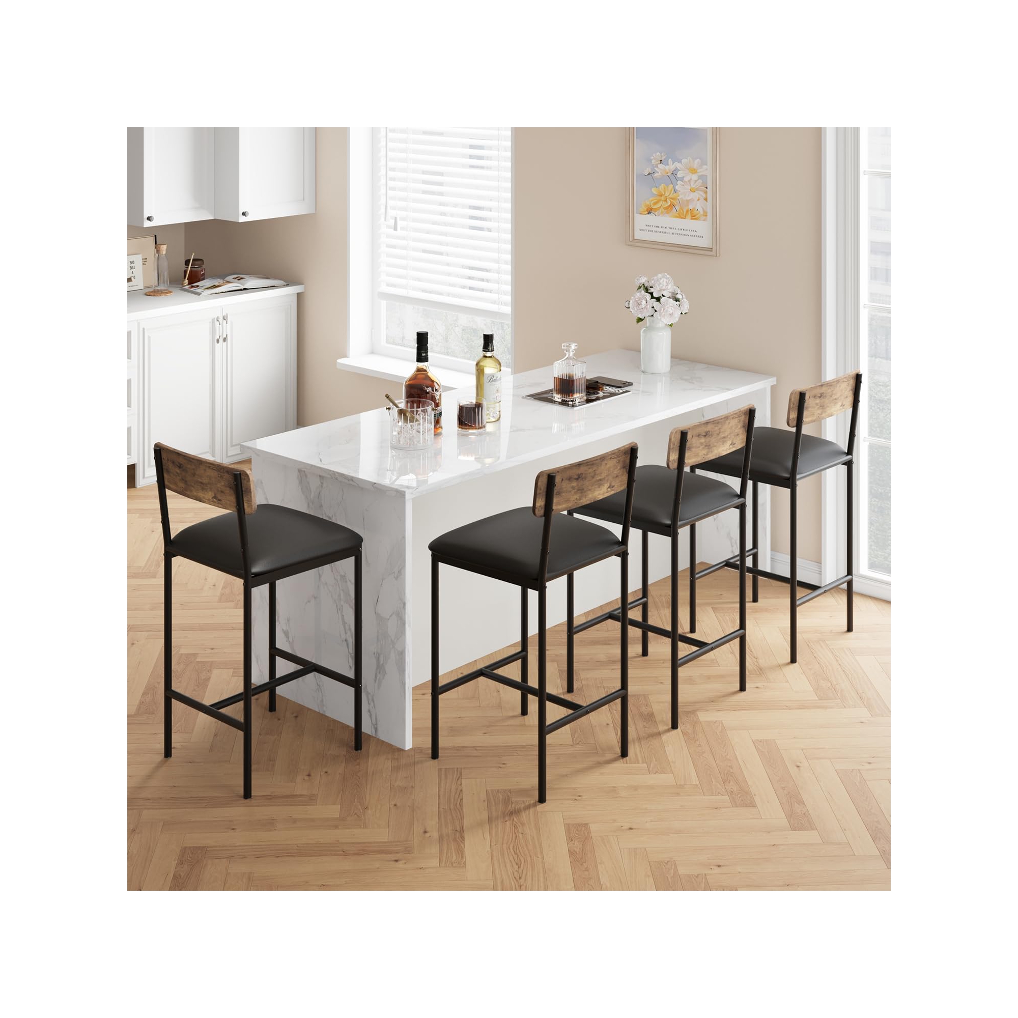 Bar Stools Set of 6, Kitchen Bar Stools with Footrest, Upholstered Bar Chairs with Back, Counter Height Barstools for Counter Bar,Brown