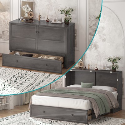 Mjkone Murphy Cube Cabinet Bed, Queen Murphy Bed with Trifold Foam Mattress, Built-in USB Charging Station& Roomy Storage Drawers