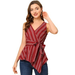 Allegra K Women's Sleeveless V Neck Tie Waist Asymmetric Hem Wrap Peplump Tops - 1 of 4