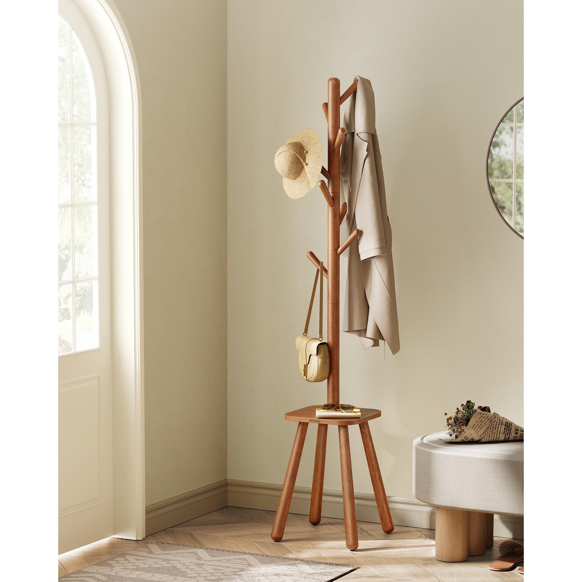VASAGLE Coat Rack, Free Standing Coat Stand, Hall Coat Tree with 8 Hooks and Storage Shelf, 67.1 Inch Tall, Caramel Brown