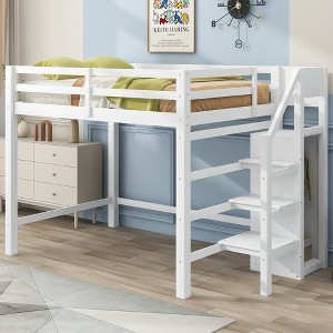 93.80"Full Size Loft Bed with Built-in Storage Wardrobe and Staircase, White - 1 of 4