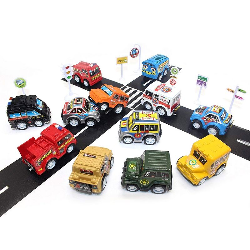 Insten 12 Pieces Pull Back and Go Race Cars with Road Signs, Toy Playset for Kids, 1 of 4