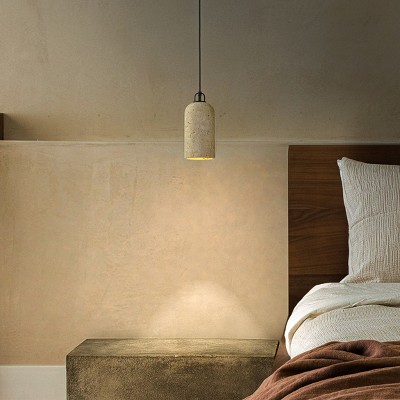 ALOADECOR 1-Light 5'' Modern Farmhouse Natural Travetine Single Pendant Light Coastal Cylinder Hanging Light For Bedroom and Dining Room